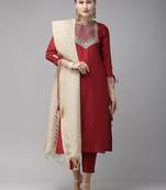 Indo Era Red Solid Straight Kurta Trouser With Dupatta Set