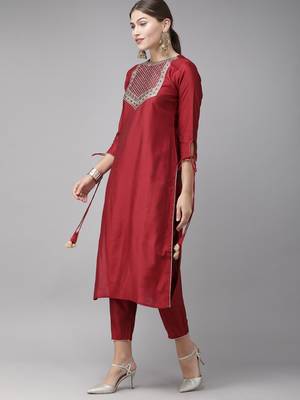 Indo Era Red Solid Straight Kurta Trouser With Dupatta Set 3