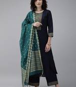 Indo Era Navy Blue Solid Kurta Palazzo with Dupatta Sets