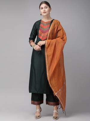 Indo Era Green Solid Straight Kurta Palazzo with Dupatta Sets 1