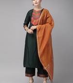 Indo Era Green Solid Straight Kurta Palazzo with Dupatta Sets