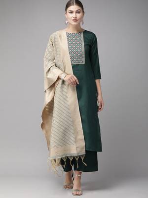Indo Era Green Solid Straight Kurta Palazzo with Dupatta Set 1