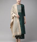 Indo Era Green Solid Straight Kurta Palazzo with Dupatta Set