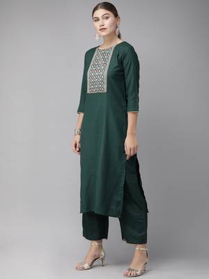 Indo Era Green Solid Straight Kurta Palazzo with Dupatta Set 3