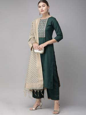Indo Era Green Solid Straight Kurta Palazzo with Dupatta Set 4