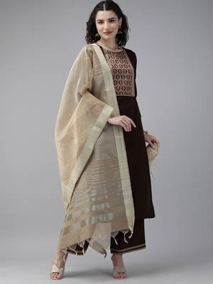 Indo Era Brown Solid Straight Kurta Palazzo with Dupatta Set 1