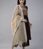 Indo Era Brown Solid Straight Kurta Palazzo with Dupatta Set