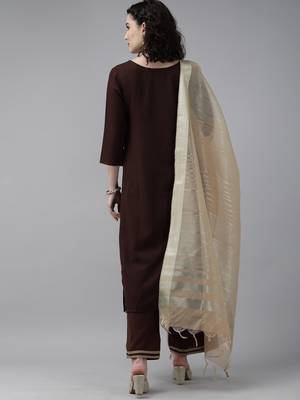 Indo Era Brown Solid Straight Kurta Palazzo with Dupatta Set 2