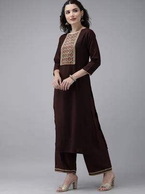 Indo Era Brown Solid Straight Kurta Palazzo with Dupatta Set 3