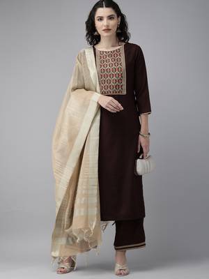 Indo Era Brown Solid Straight Kurta Palazzo with Dupatta Set 4