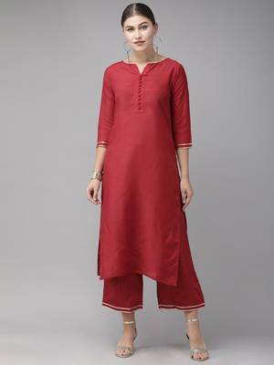 Indo Era Maroon Solid Straight Kurta Palazzo Set 1