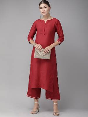 Indo Era Maroon Solid Straight Kurta Palazzo Set 4