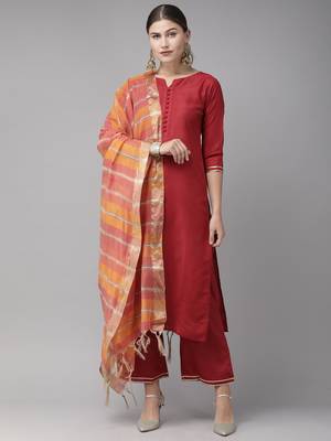 Indo Era Maroon Solid Straight Kurta Palazzo With Dupatta  Set 1