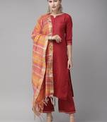 Indo Era Maroon Solid Straight Kurta Palazzo With Dupatta  Set
