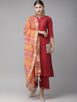 Indo Era Maroon Solid Straight Kurta Palazzo With Dupatta  Set 4