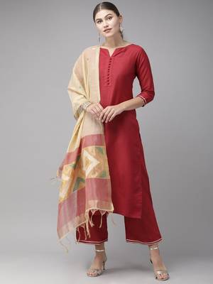 Indo Era Maroon Solid Straight Kurta Palazzo With Dupatta  Set 1