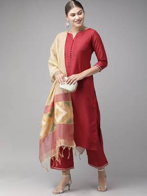 Indo Era Maroon Solid Straight Kurta Palazzo With Dupatta  Set 4