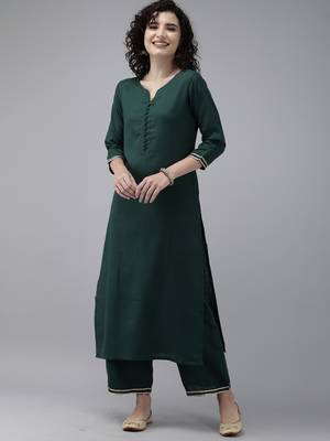 Indo Era Green Solid Straight Kurta Palazzo Set 1