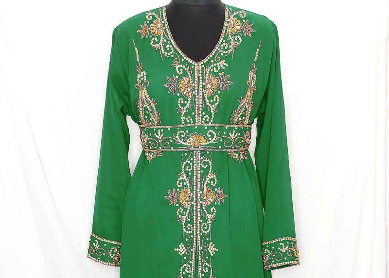 Dark Green Moroccan Kaftan With Sun-proof hijab.