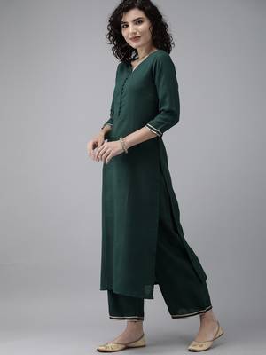 Indo Era Green Solid Straight Kurta Palazzo Set 3