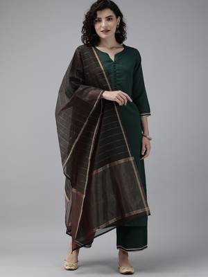 Indo Era Green Solid Straight Kurta Palazzo with Dupatta Set 1