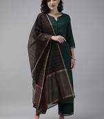Indo Era Green Solid Straight Kurta Palazzo with Dupatta Set