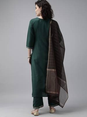 Indo Era Green Solid Straight Kurta Palazzo with Dupatta Set 2