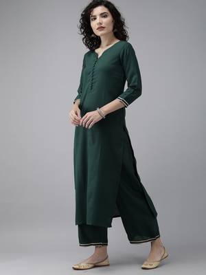 Indo Era Green Solid Straight Kurta Palazzo with Dupatta Set 3