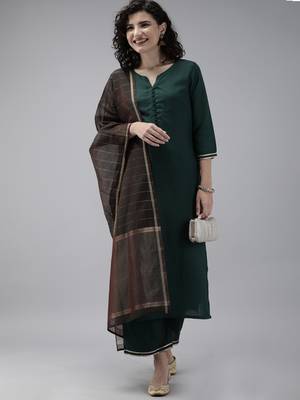 Indo Era Green Solid Straight Kurta Palazzo with Dupatta Set 4