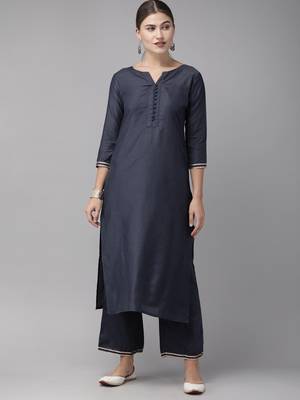 Indo Era Navy Blue Solid Straight Kurta Palazzo Sets 1