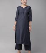 Indo Era Navy Blue Solid Straight Kurta Palazzo Sets