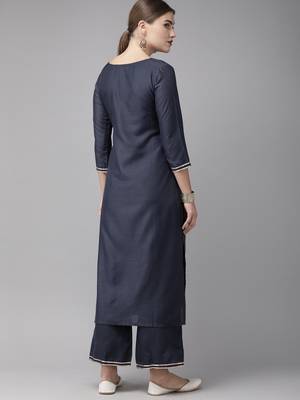 Indo Era Navy Blue Solid Straight Kurta Palazzo Sets 2
