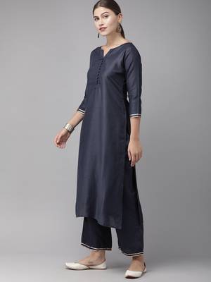 Indo Era Navy Blue Solid Straight Kurta Palazzo Sets 3