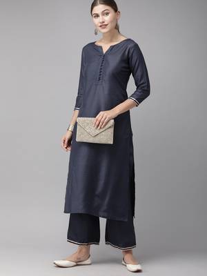 Indo Era Navy Blue Solid Straight Kurta Palazzo Sets 4