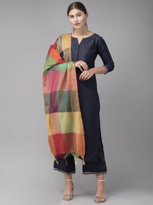 Indo Era Navy Blue Solid Straight Kurta Palazzo With Dupatta Sets 1