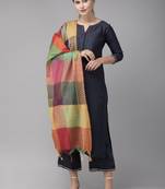 Indo Era Navy Blue Solid Straight Kurta Palazzo With Dupatta Sets