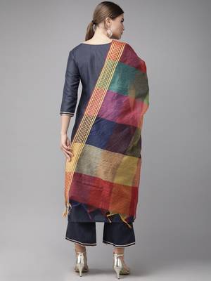 Indo Era Navy Blue Solid Straight Kurta Palazzo With Dupatta Sets 2
