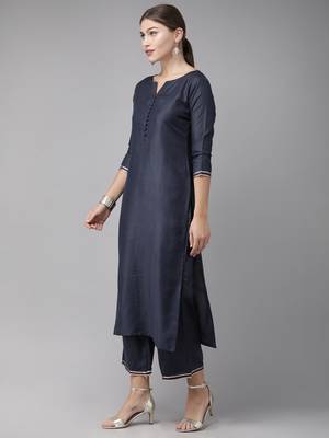 Indo Era Navy Blue Solid Straight Kurta Palazzo With Dupatta Sets 3