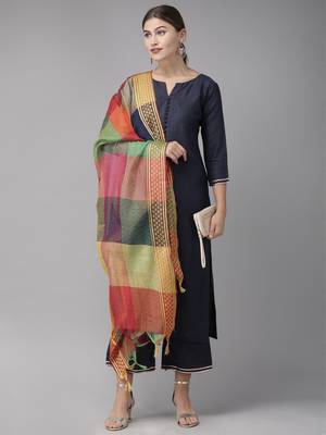 Indo Era Navy Blue Solid Straight Kurta Palazzo With Dupatta Sets 4