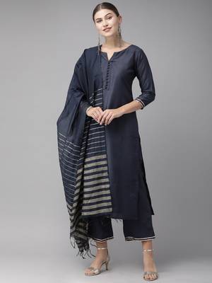 Indo Era Navy Blue Solid Straight Kurta Palazzo With Dupatta Sets 1
