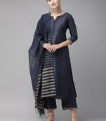 Indo Era Navy Blue Solid Straight Kurta Palazzo With Dupatta Sets