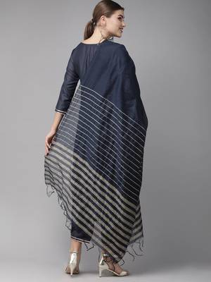 Indo Era Navy Blue Solid Straight Kurta Palazzo With Dupatta Sets 2