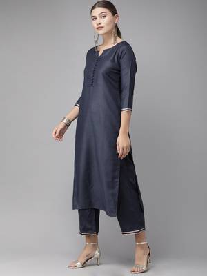 Indo Era Navy Blue Solid Straight Kurta Palazzo With Dupatta Sets 3