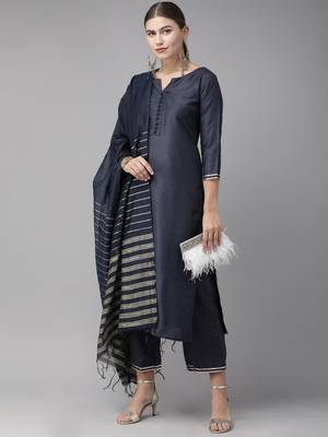 Indo Era Navy Blue Solid Straight Kurta Palazzo With Dupatta Sets 4
