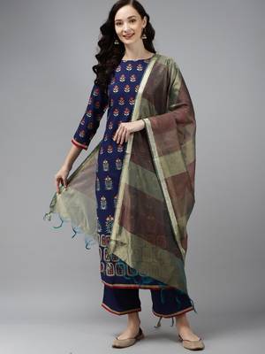 Indo Era Navy Blue Foil Floral Printed Kurta Palazzo with Dupatta Sets 1