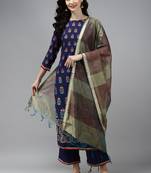 Indo Era Navy Blue Foil Floral Printed Kurta Palazzo with Dupatta Sets