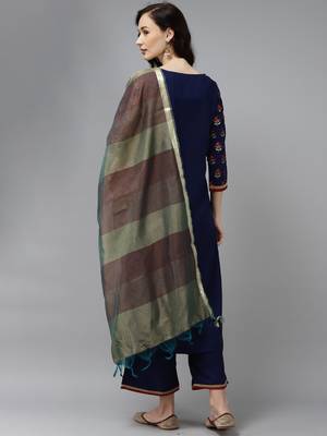 Indo Era Navy Blue Foil Floral Printed Kurta Palazzo with Dupatta Sets 2