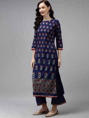 Indo Era Navy Blue Foil Floral Printed Kurta Palazzo with Dupatta Sets 3