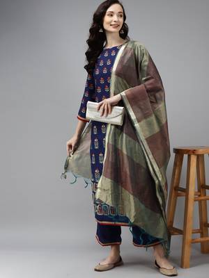 Indo Era Navy Blue Foil Floral Printed Kurta Palazzo with Dupatta Sets 4