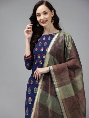 Indo Era Navy Blue Foil Floral Printed Kurta Palazzo with Dupatta Sets 5